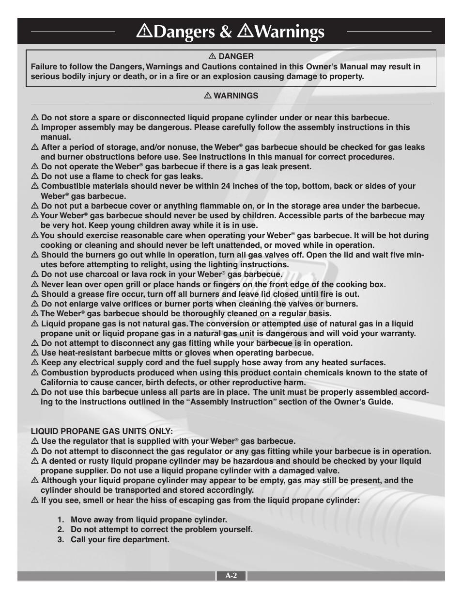 Ƽ dangers & ƽ warnings | weber 55545 User Manual | Page 2 / 27