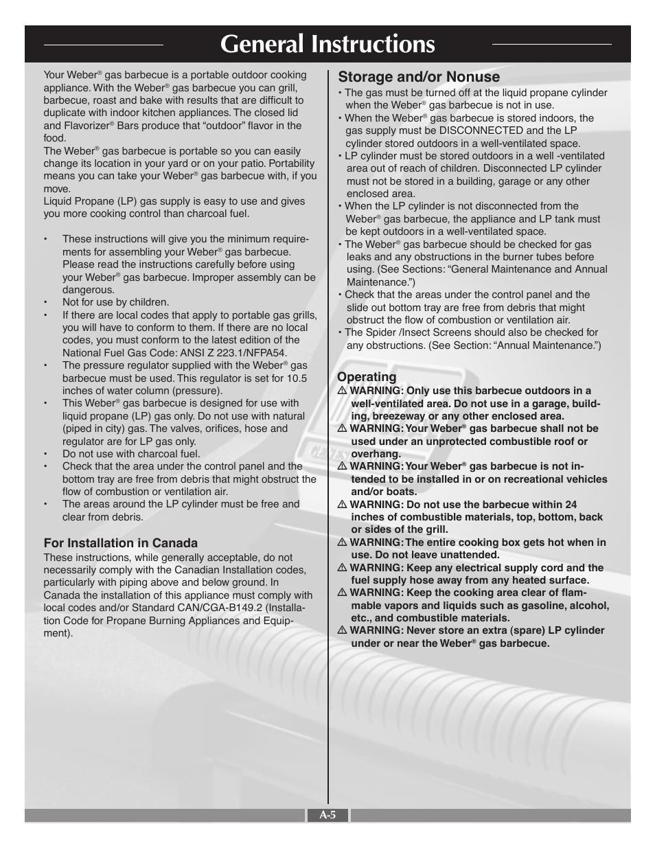 General instructions, Storage and/or nonuse, For installation in canada | Operating | weber 55545 User Manual | Page 5 / 27