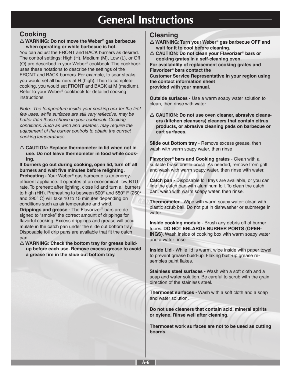 General instructions, Cooking, Cleaning | weber 55545 User Manual | Page 6 / 27