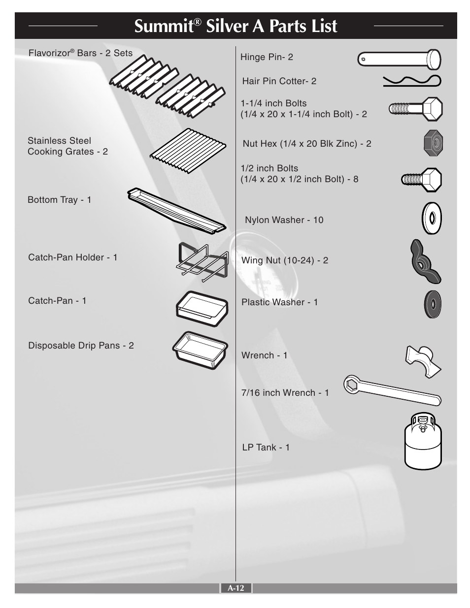 Summit, Silver a parts list | weber 42090 User Manual | Page 12 / 47