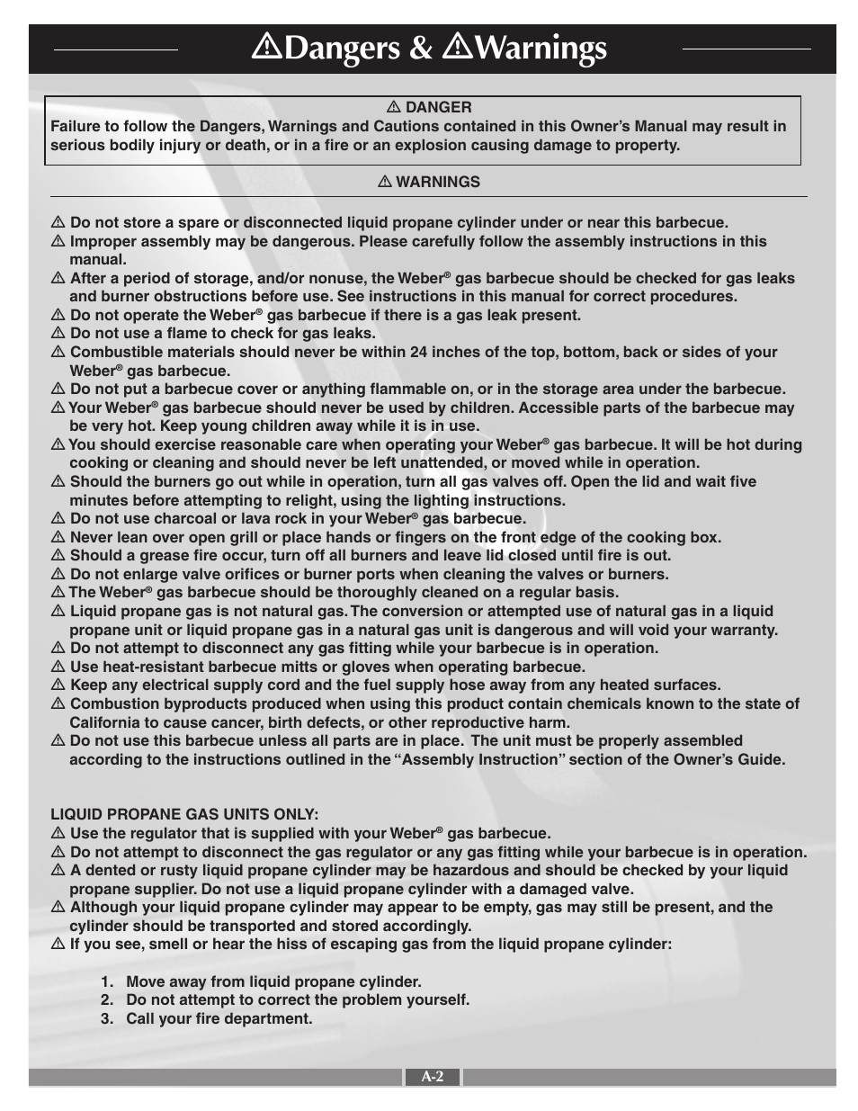 Ƽ dangers & ƽ warnings | weber 42090 User Manual | Page 2 / 47