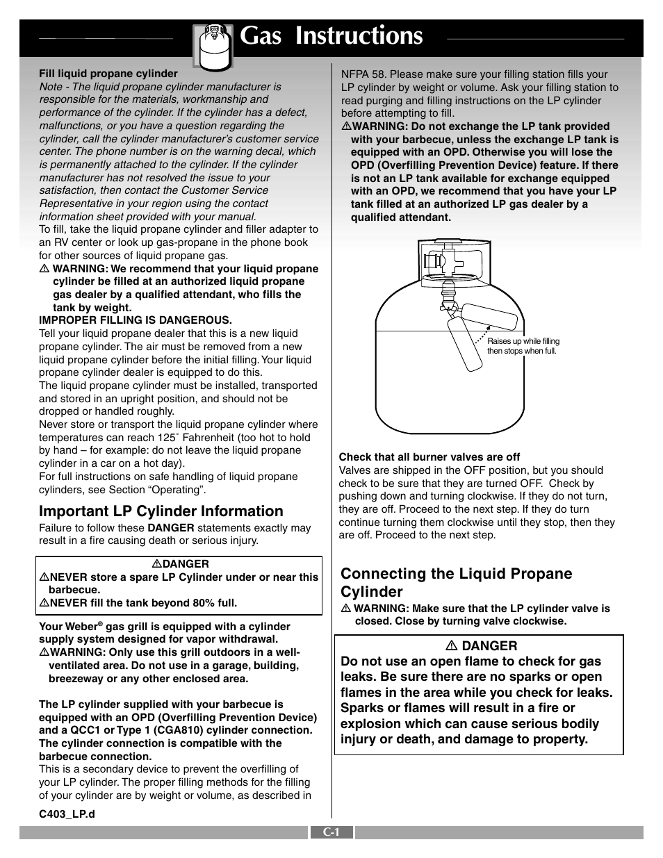 Gas instructions, Important lp cylinder information, Connecting the liquid propane cylinder | weber 42090 User Manual | Page 30 / 47