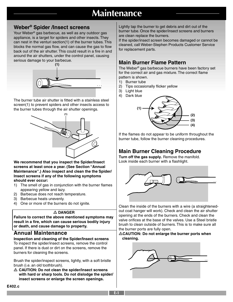 Maintenance, Main burner flame pattern, Main burner cleaning procedure | Weber, Spider /insect screens, Annual maintenance | weber 42090 User Manual | Page 43 / 47