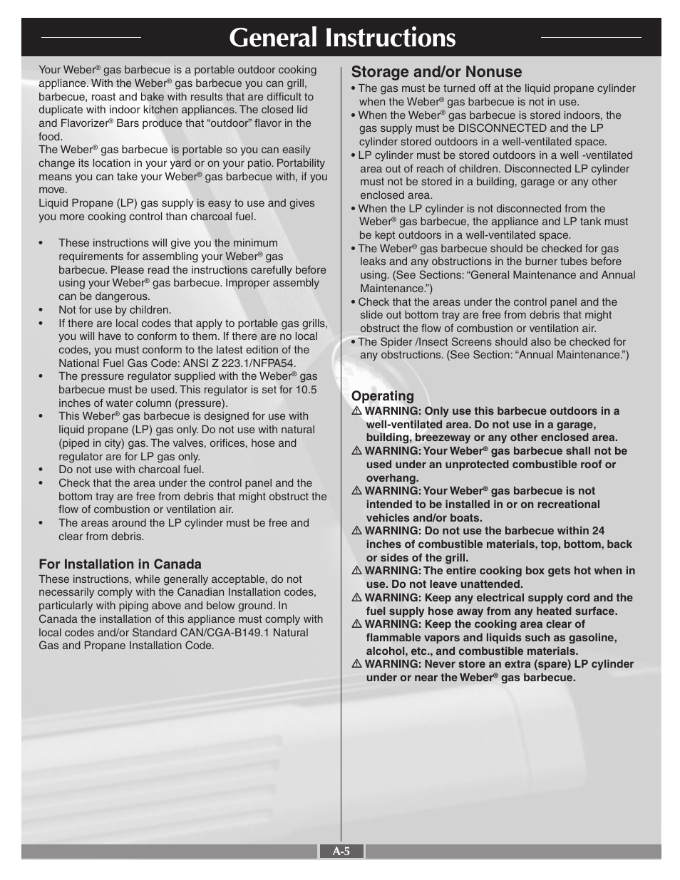 General instructions, Storage and/or nonuse, For installation in canada | Operating | weber 42090 User Manual | Page 5 / 47