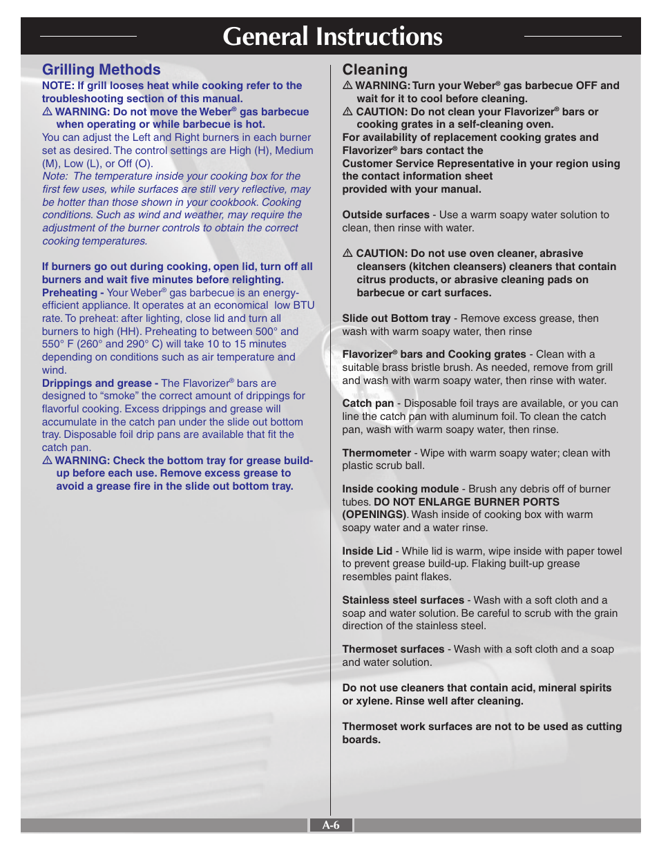 General instructions, Grilling methods, Cleaning | weber 42090 User Manual | Page 6 / 47