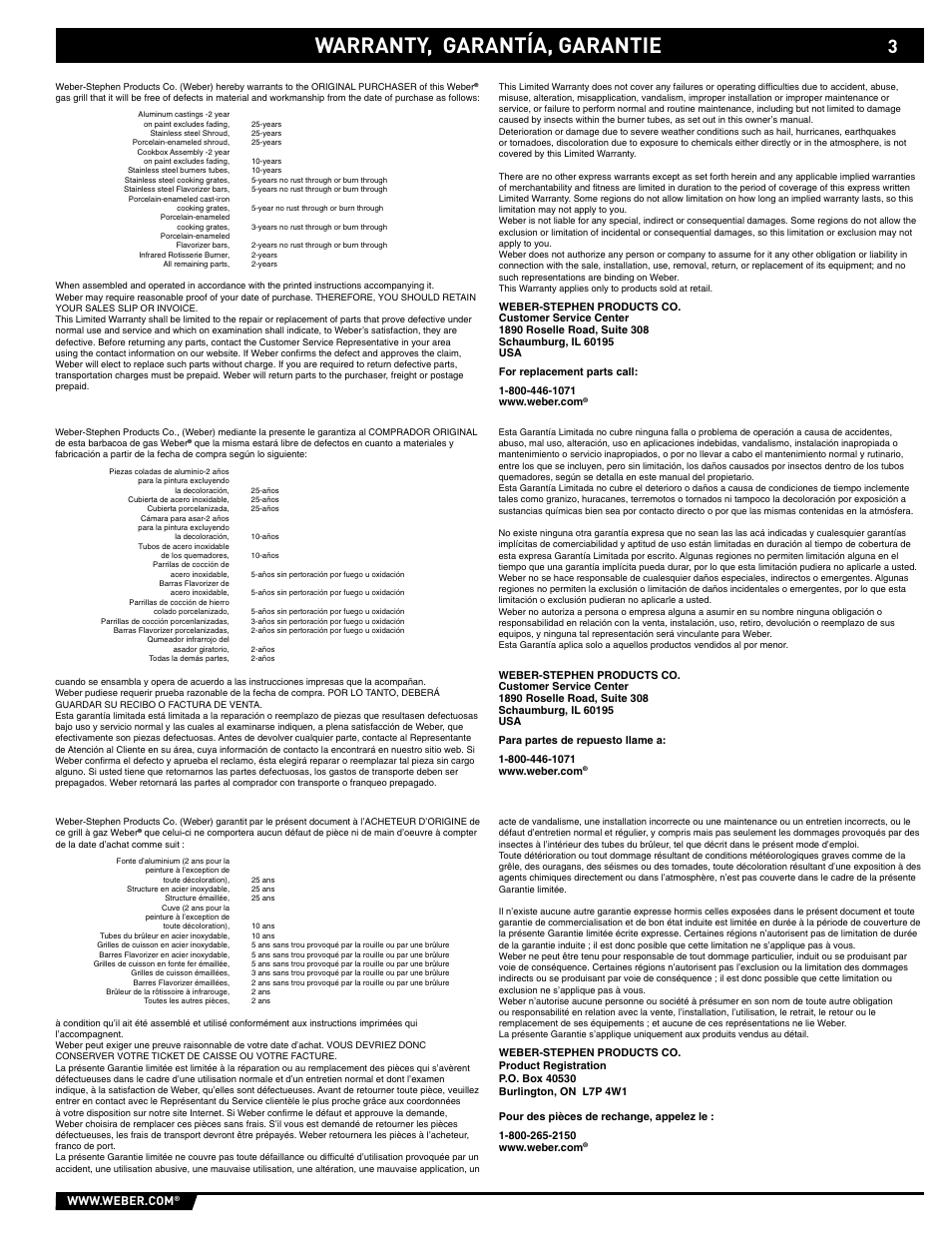 Warranty, Warranty, garantía, garantie | weber S-620/650 User Manual | Page 3 / 76