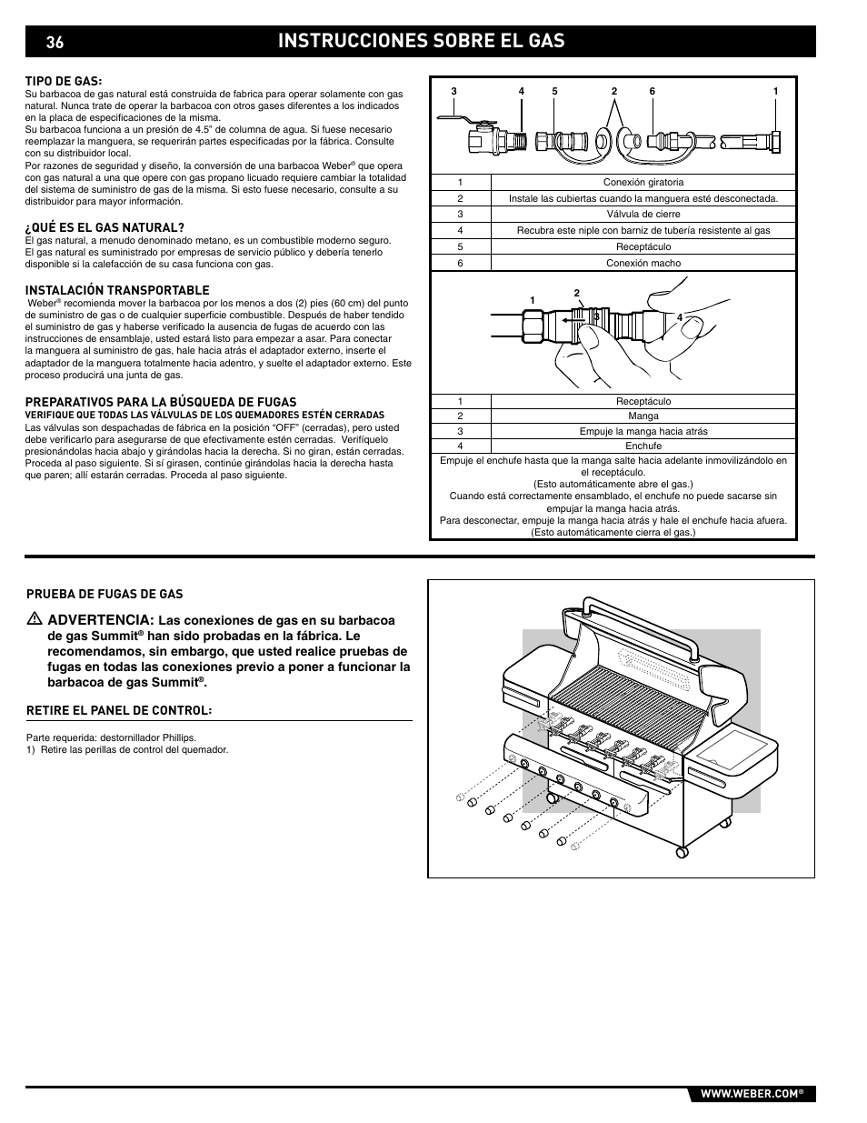 Instrucciones sobre el gas, Advertencia | weber S-620/650 User Manual | Page 36 / 76