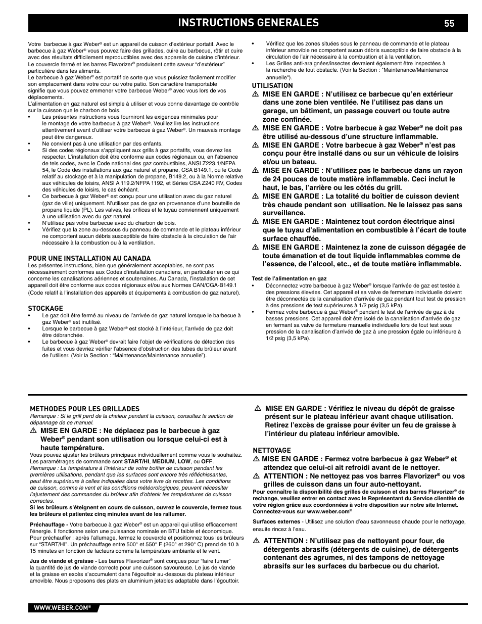 Dangers and warnings, Instructions generales | weber S-620/650 User Manual | Page 55 / 76