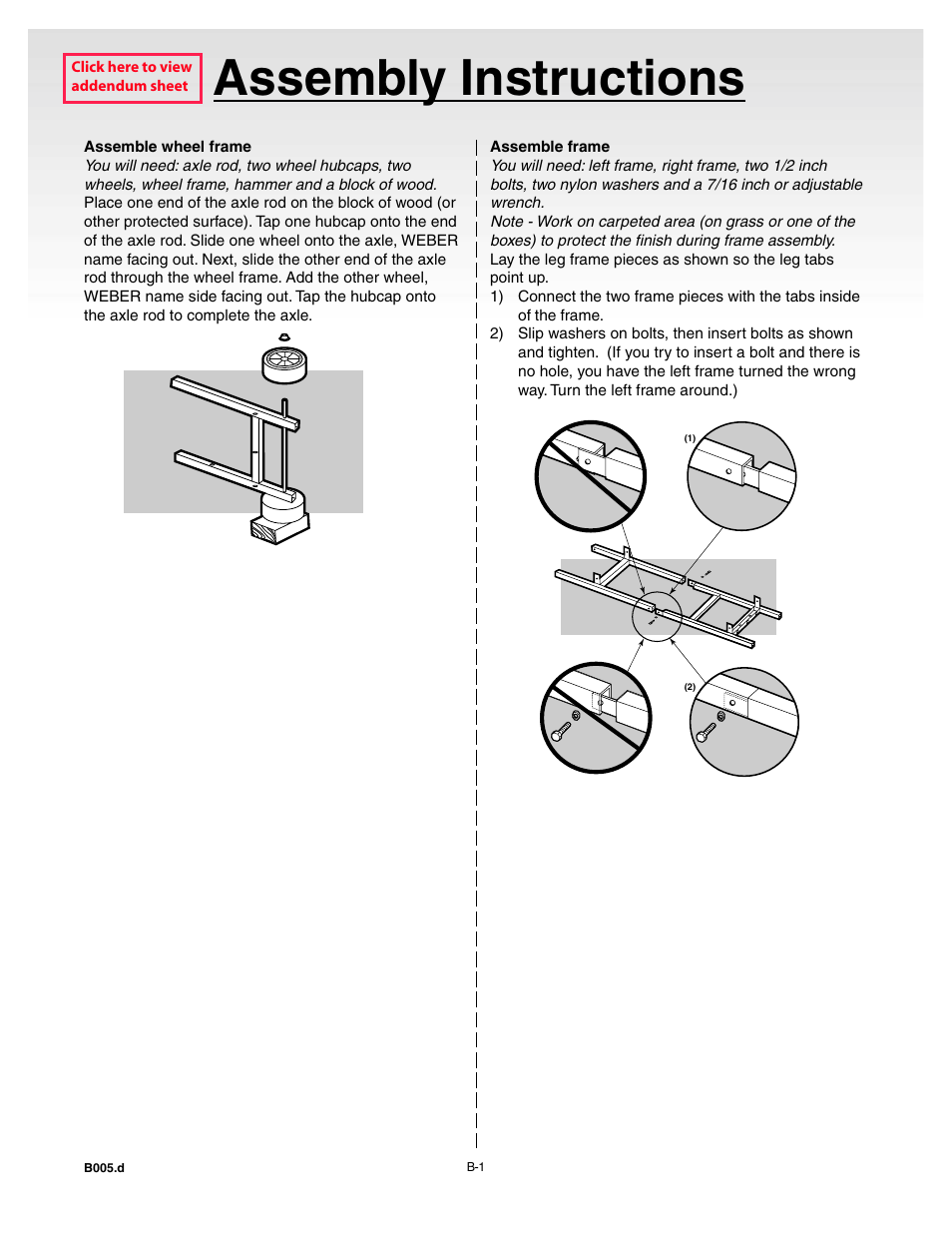 Assembly instructions, Assemble wheel frame, Assemble frame | Click here to view addendum sheet | weber Genesis 55009 User Manual | Page 11 / 38