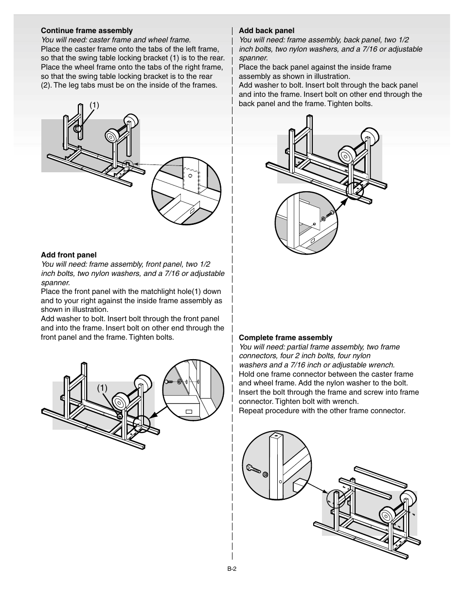 Continue frame assembly, Add front panel, Add back panel | Complete frame assembly | weber Genesis 55009 User Manual | Page 12 / 38