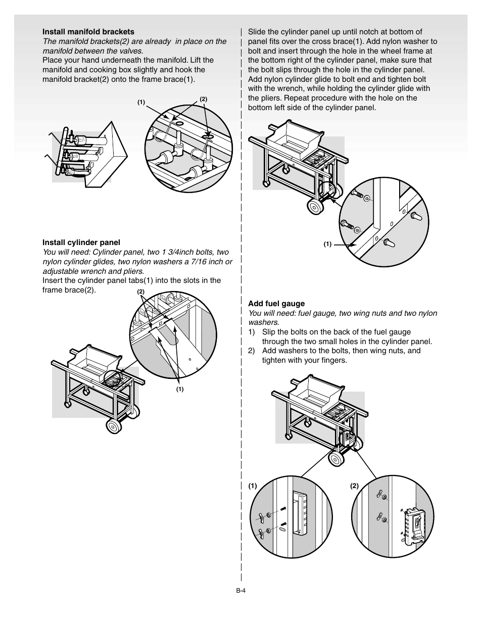 Install manifold brackets, Install cylinder panel, Add fuel gauge | weber Genesis 55009 User Manual | Page 14 / 38