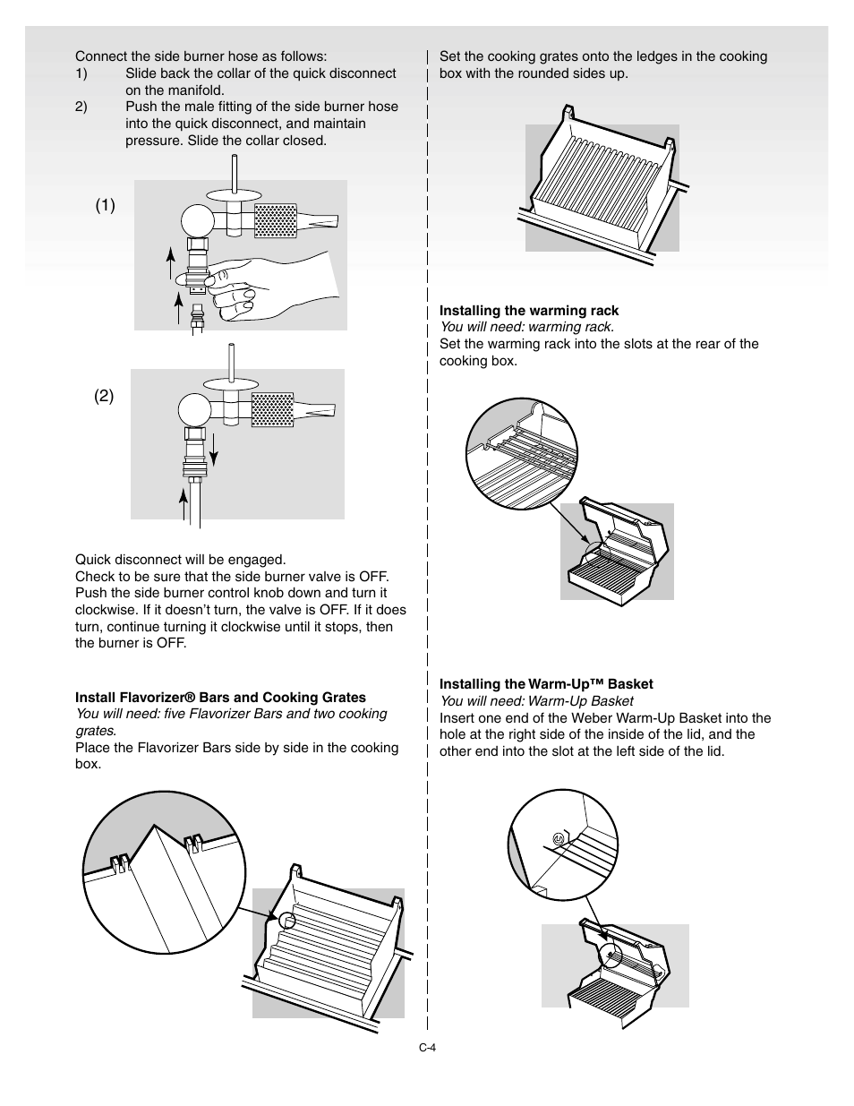 Install flavorizer® bars and cooking grates, Installing the warming rack, Installing the warm-up™ basket | weber Genesis 55009 User Manual | Page 20 / 38