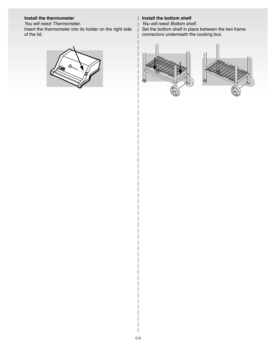 Install the thermometer, Install the bottom shelf | weber Genesis 55009 User Manual | Page 21 / 38