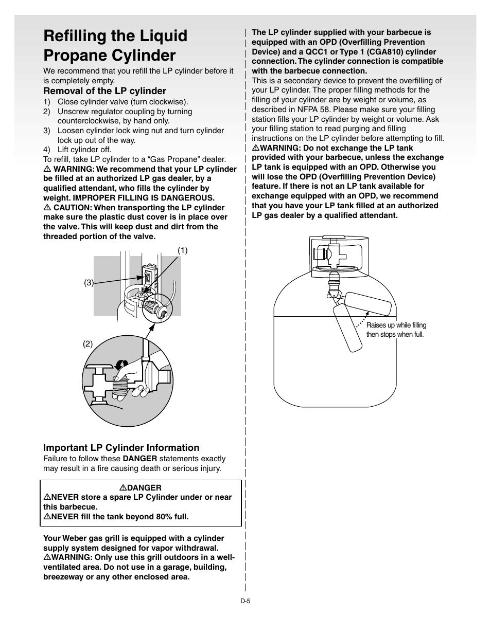 Refilling the liquid propane cylinder, Important lp cylinder information | weber Genesis 55009 User Manual | Page 28 / 38