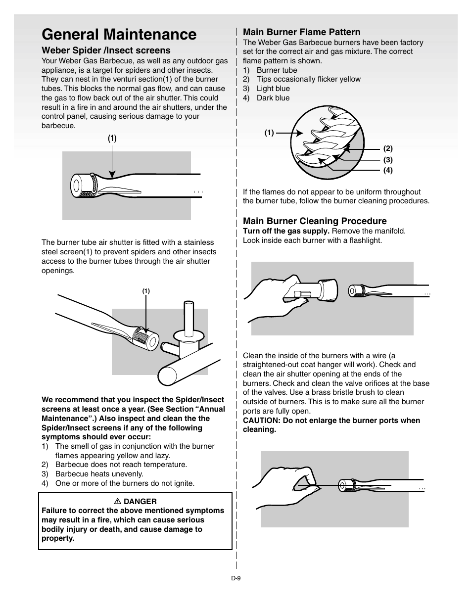 General maintenance, Weber spider /insect screens, Main burner flame pattern | Main burner cleaning procedure | weber Genesis 55009 User Manual | Page 32 / 38