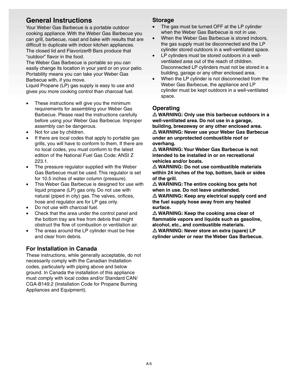 General instructions, For installation in canada, Storage | Operating | weber Genesis 55009 User Manual | Page 5 / 38