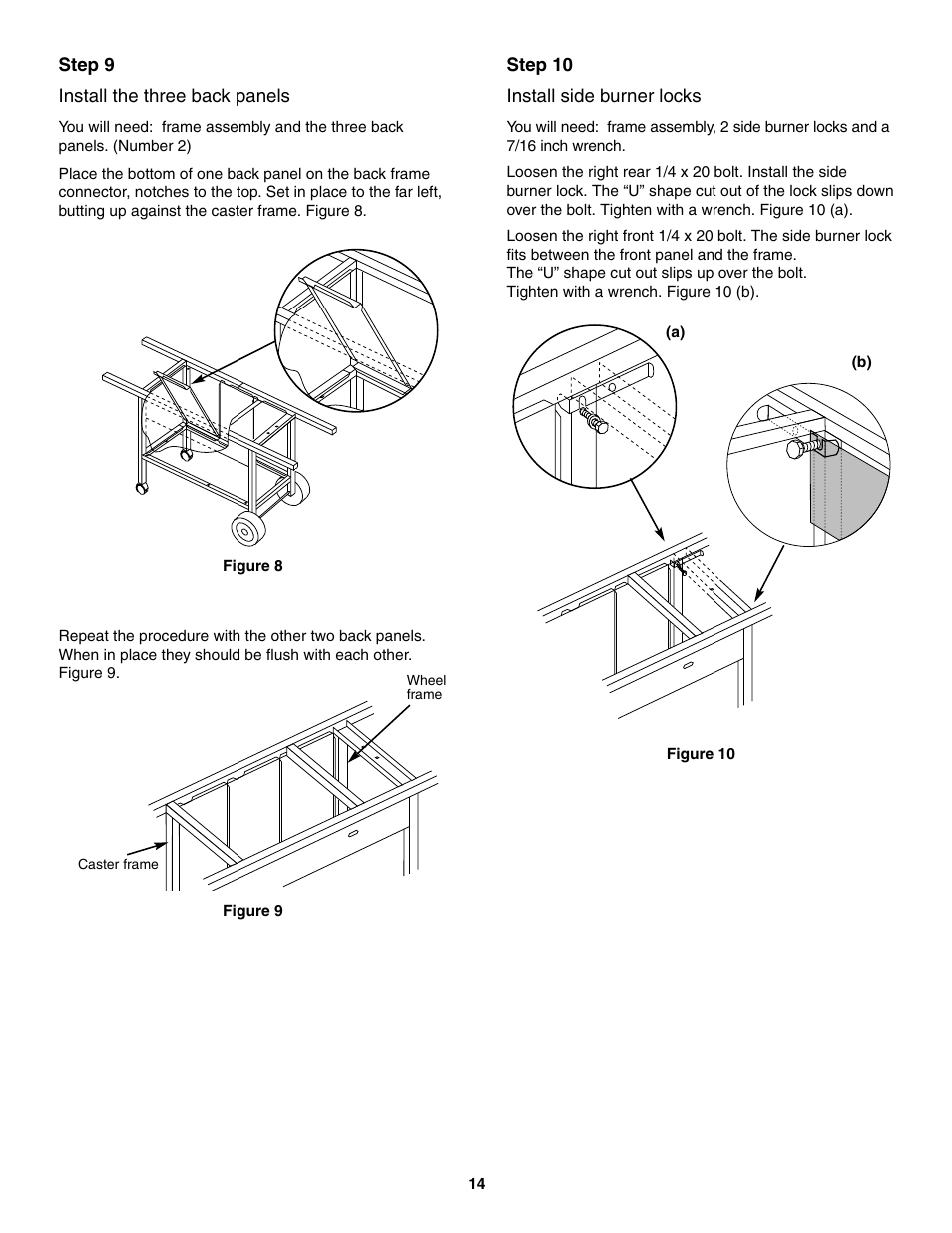 Install the three back panels, Install side burner locks | weber 5000 User Manual | Page 14 / 44