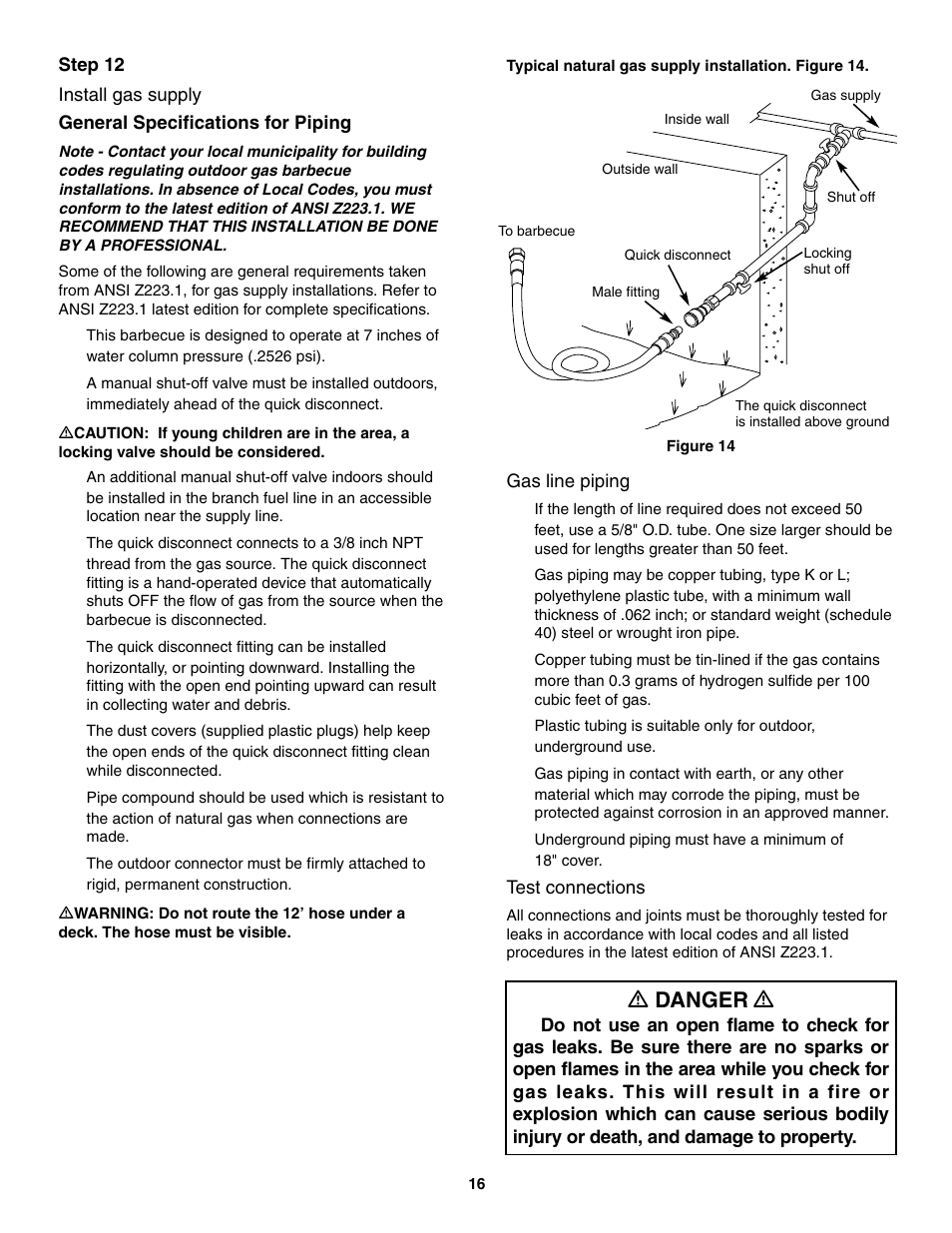Install gas supply, General specifications for piping, Gas line piping | Test connections, Ƽ danger ƽ | weber 5000 User Manual | Page 16 / 44