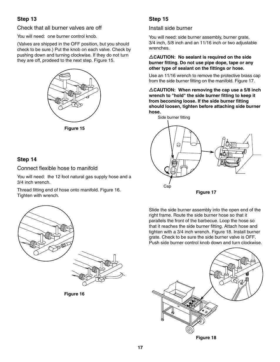 Check that all burner valves are off, Connect flexible hose to manifold, Install side burner | weber 5000 User Manual | Page 17 / 44