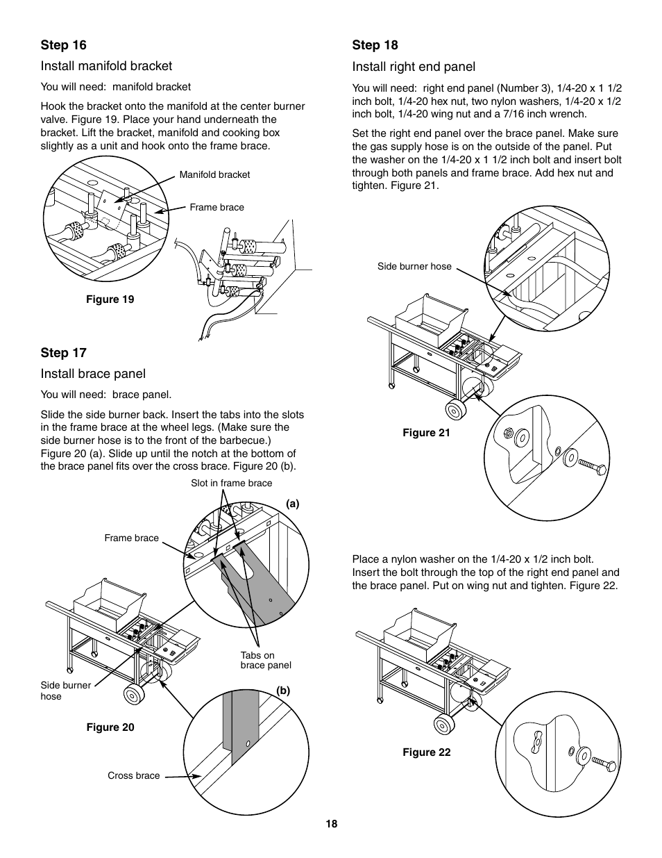 Install manifold bracket, Install brace panel, Install right end panel | weber 5000 User Manual | Page 18 / 44
