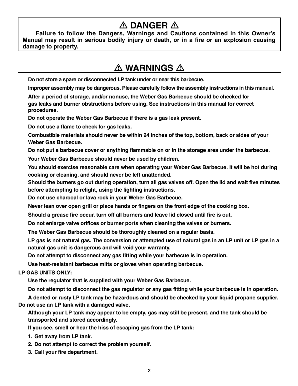 Danger, Warnings, Ƽ danger ƽ | Ƽ warnings ƽ | weber 5000 User Manual | Page 2 / 44