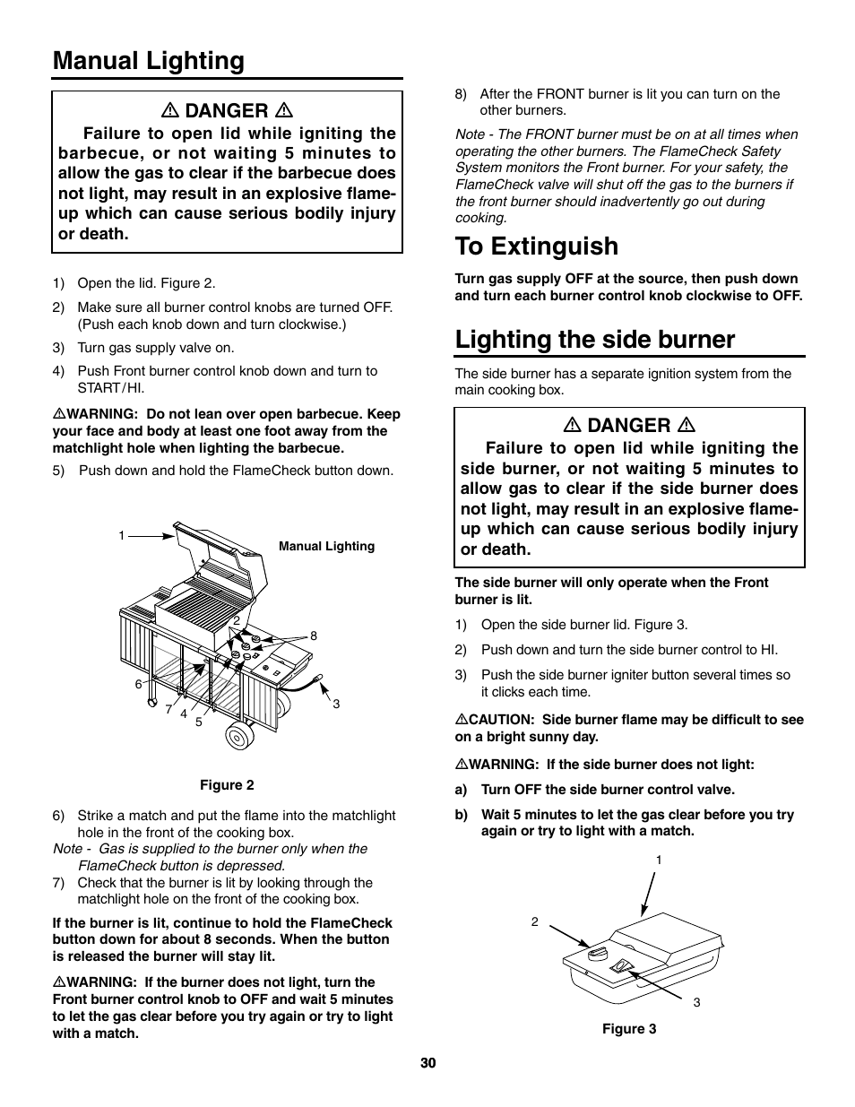 Manual lighting, To extinguish, Lighting the side burner | Ƽ danger ƽ | weber 5000 User Manual | Page 30 / 44