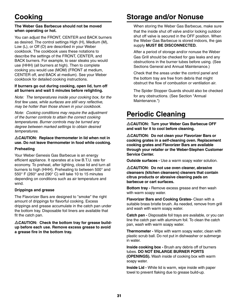 Cooking, Storage and/or nonuse, Periodic cleaning | weber 5000 User Manual | Page 31 / 44