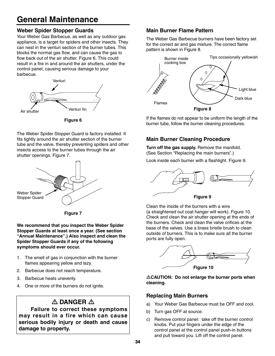 General maintenance, Weber spider stopper guards, Main burner flame pattern | Main burner cleaning procedure, Replacing main burners, Ƽ danger ƽ | weber 5000 User Manual | Page 34 / 44