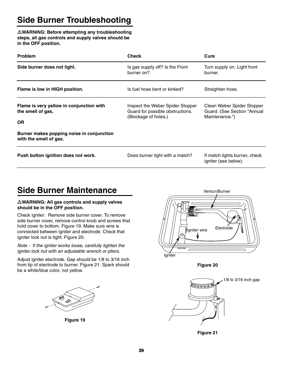Side burner troubleshooting, Side burner maintenance | weber 5000 User Manual | Page 39 / 44