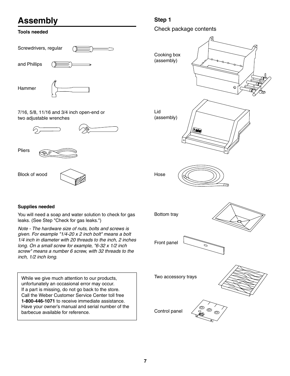 Assembly, Tools needed, Supplies needed | Check package contents | weber 5000 User Manual | Page 7 / 44