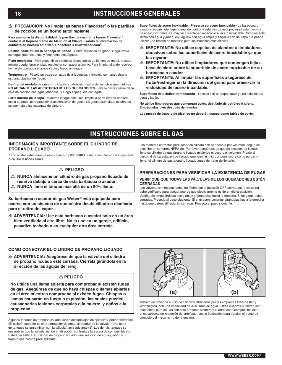 Instrucciones generales instrucciones sobre el gas, A) (b) | weber SP - 310 User Manual | Page 18 / 40