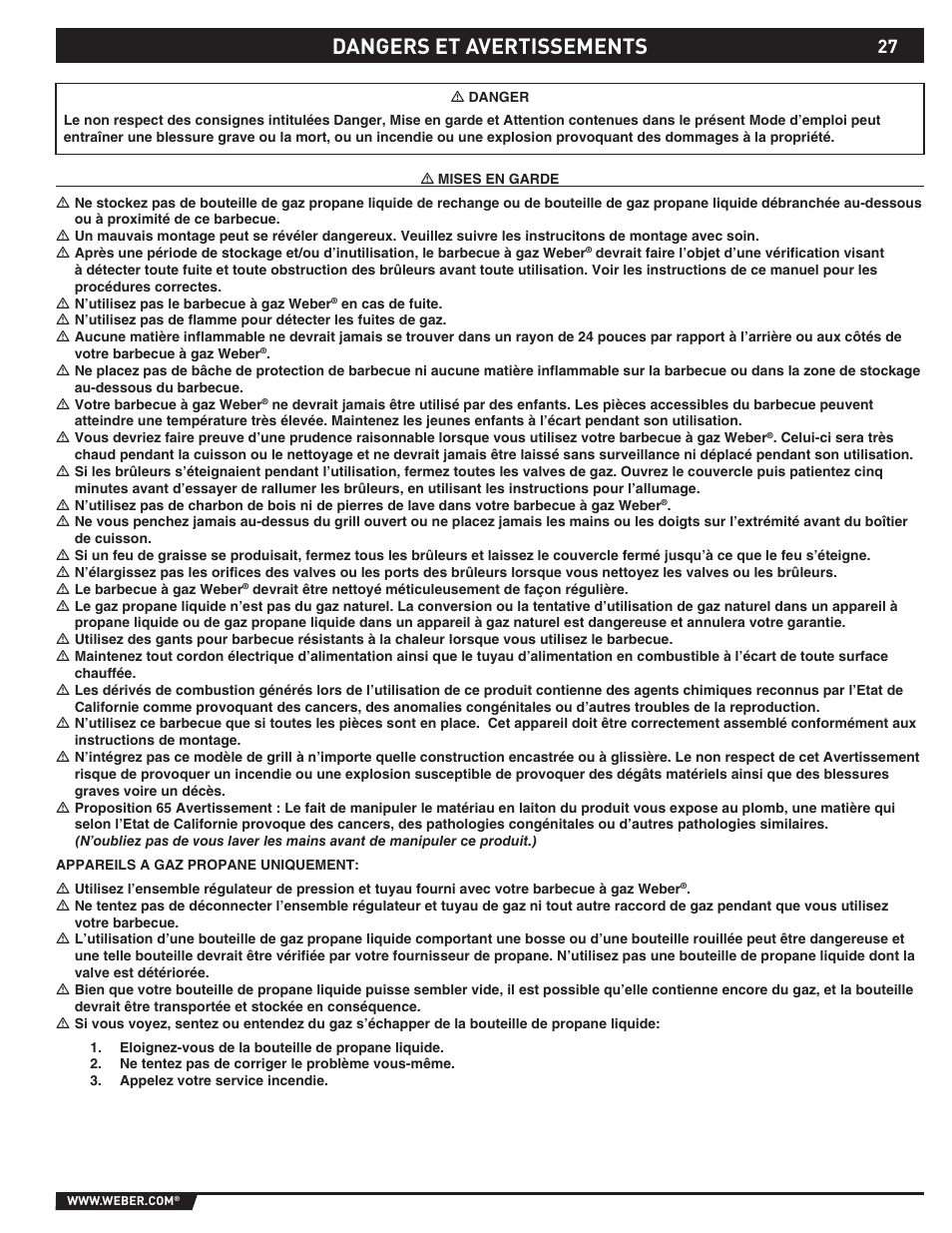 Dangers et avertissements | weber SP - 310 User Manual | Page 27 / 40