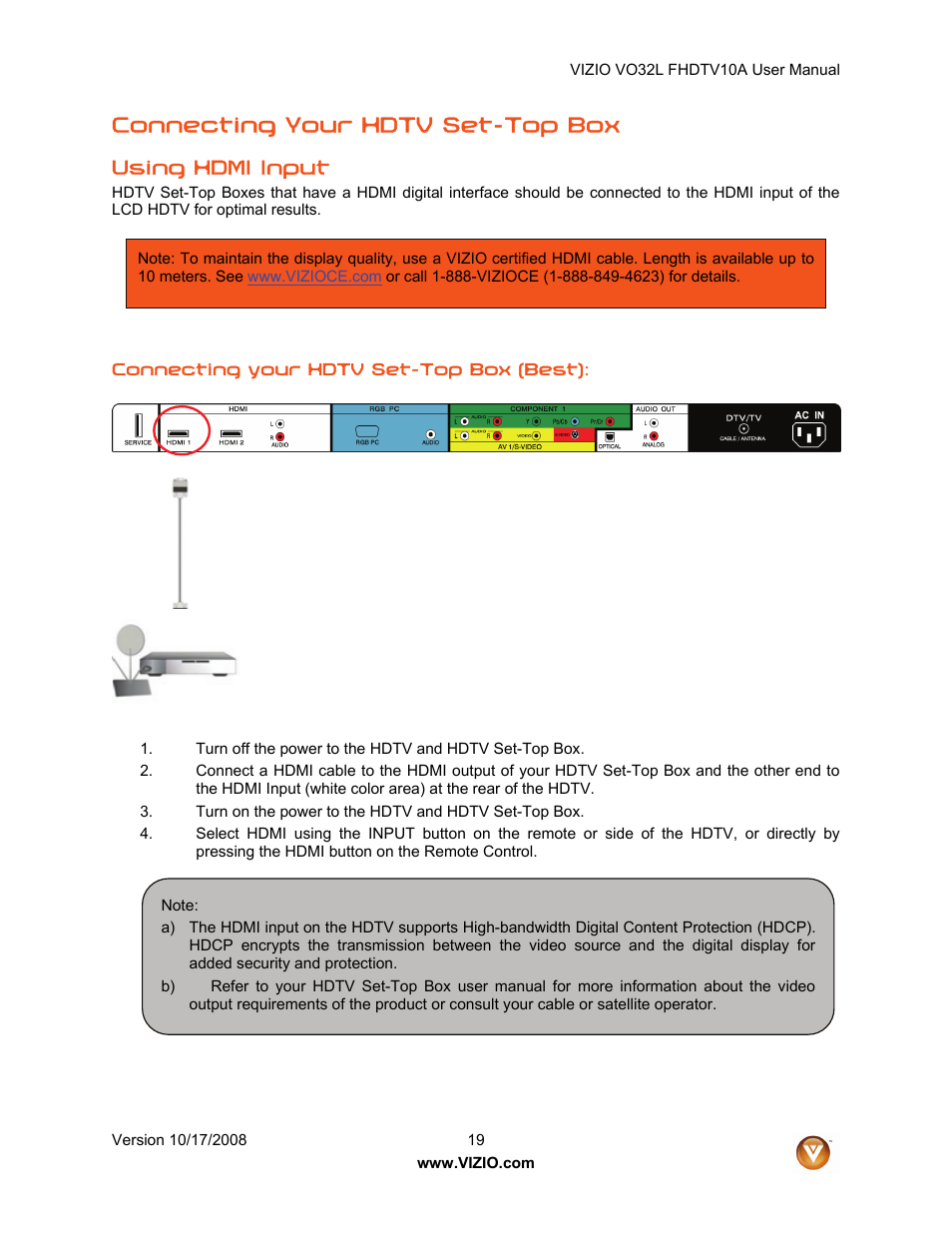 Connecting your hdtv set-top box, Using hdmi input | weber VO32L User Manual | Page 19 / 82