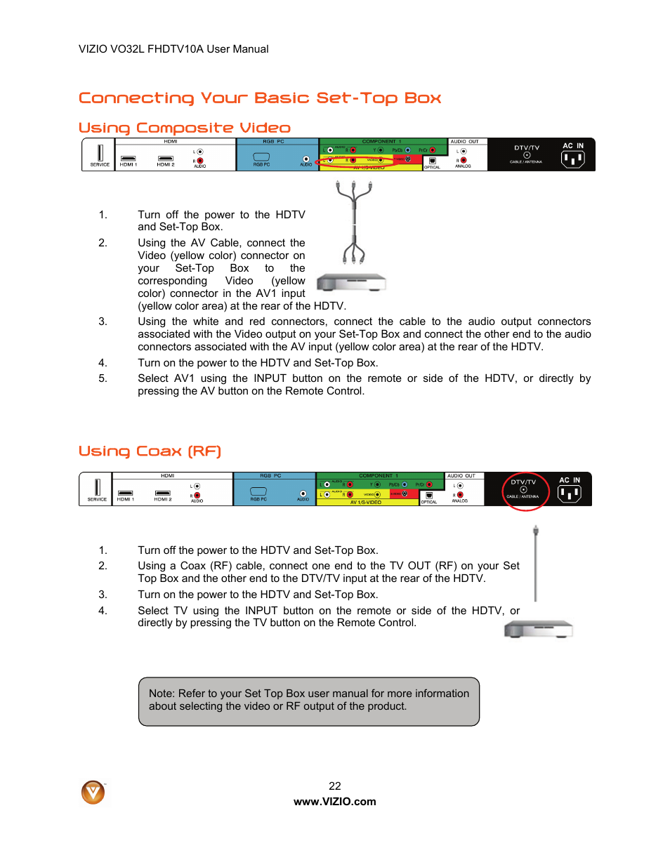 Connecting your basic set-top box, Using composite video, Using coax (rf) | weber VO32L User Manual | Page 22 / 82