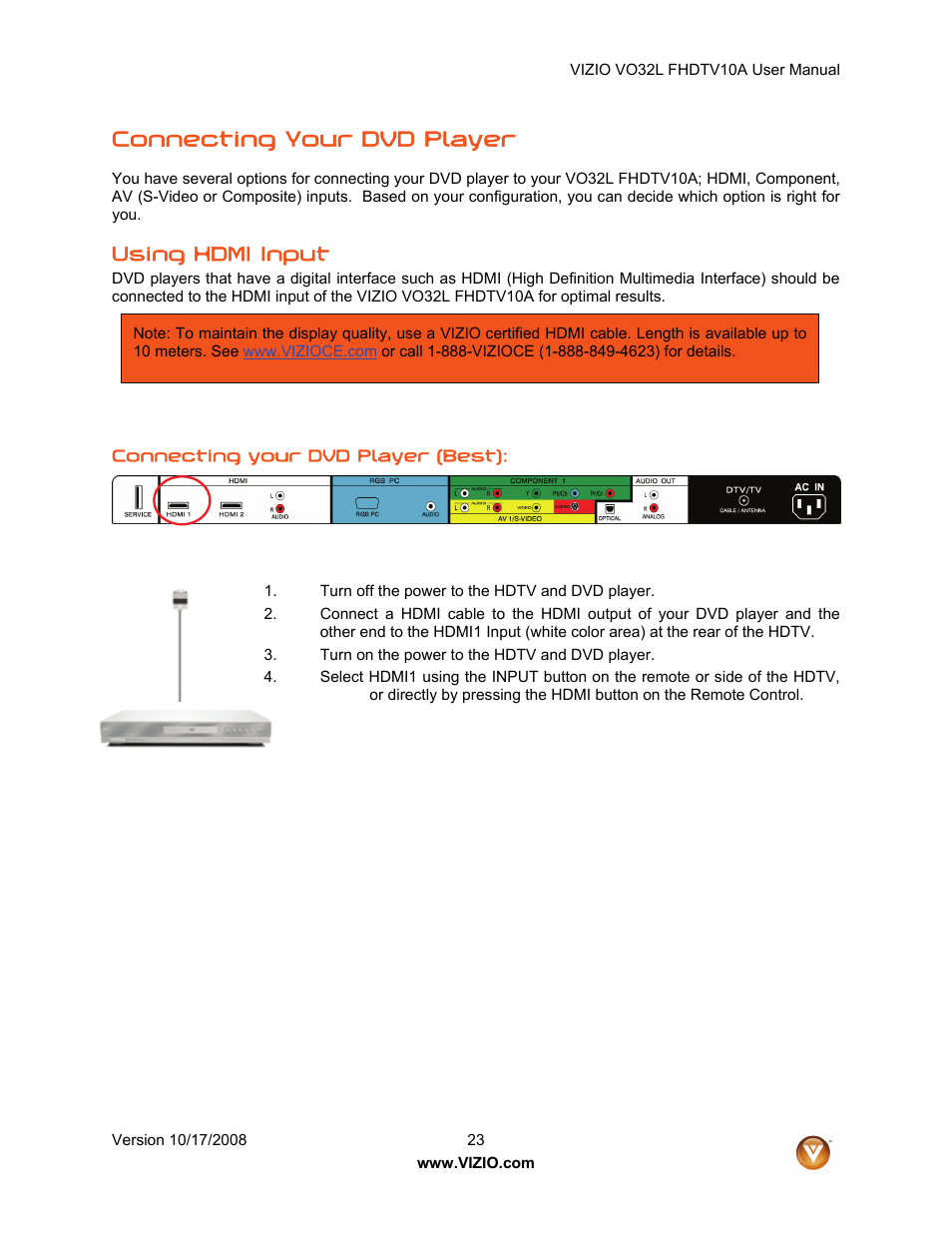 Connecting your dvd player, Using hdmi input | weber VO32L User Manual | Page 23 / 82