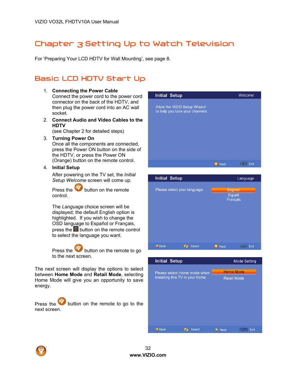 Chapter 3 setting up to watch television, Basic lcd hdtv start up | weber VO32L User Manual | Page 32 / 82