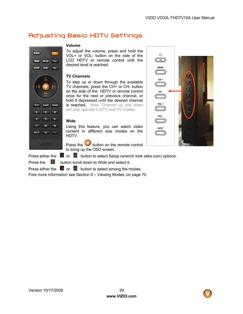 Adjusting basic hdtv settings | weber VO32L User Manual | Page 39 / 82