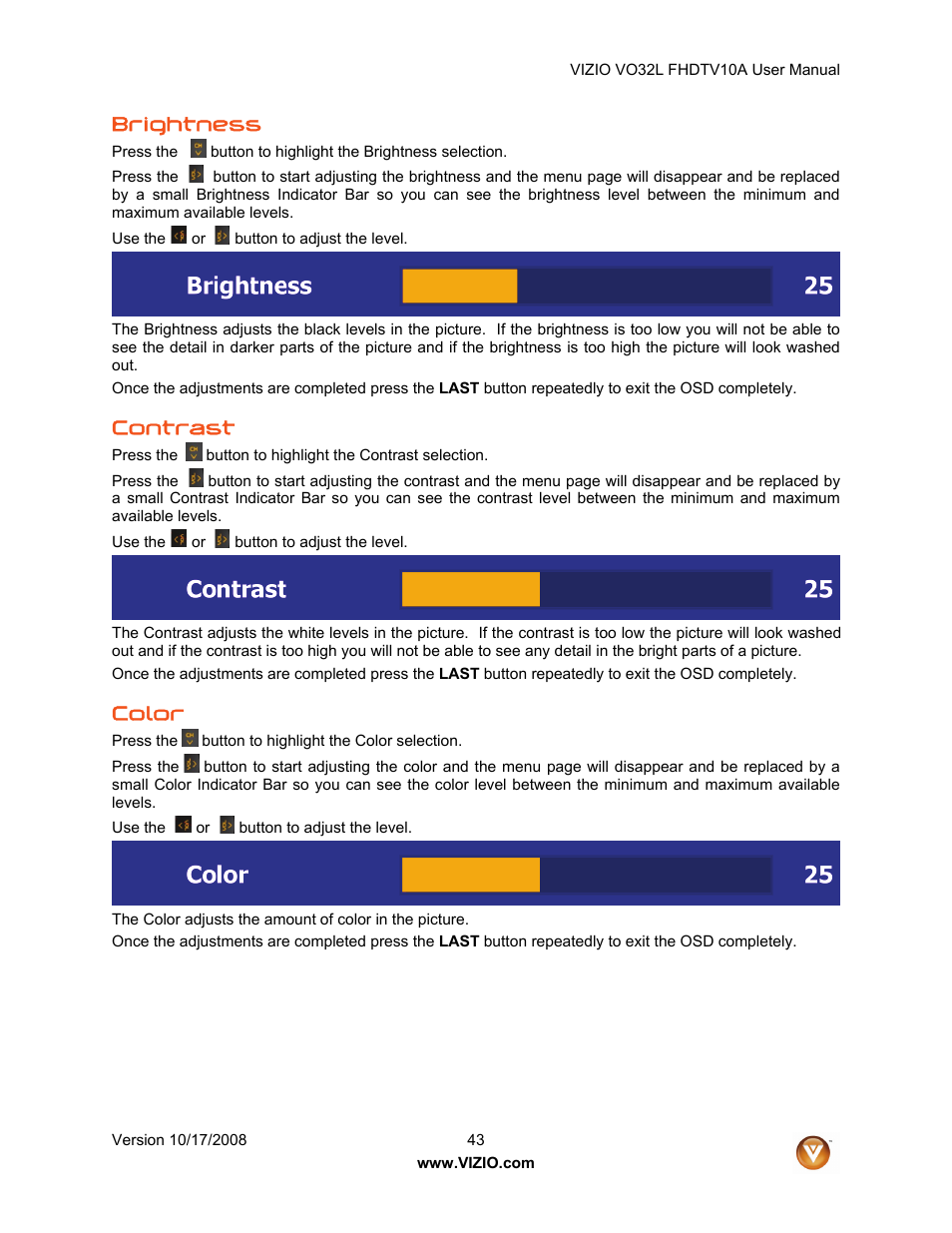 Brightness, Contrast, Color | weber VO32L User Manual | Page 43 / 82