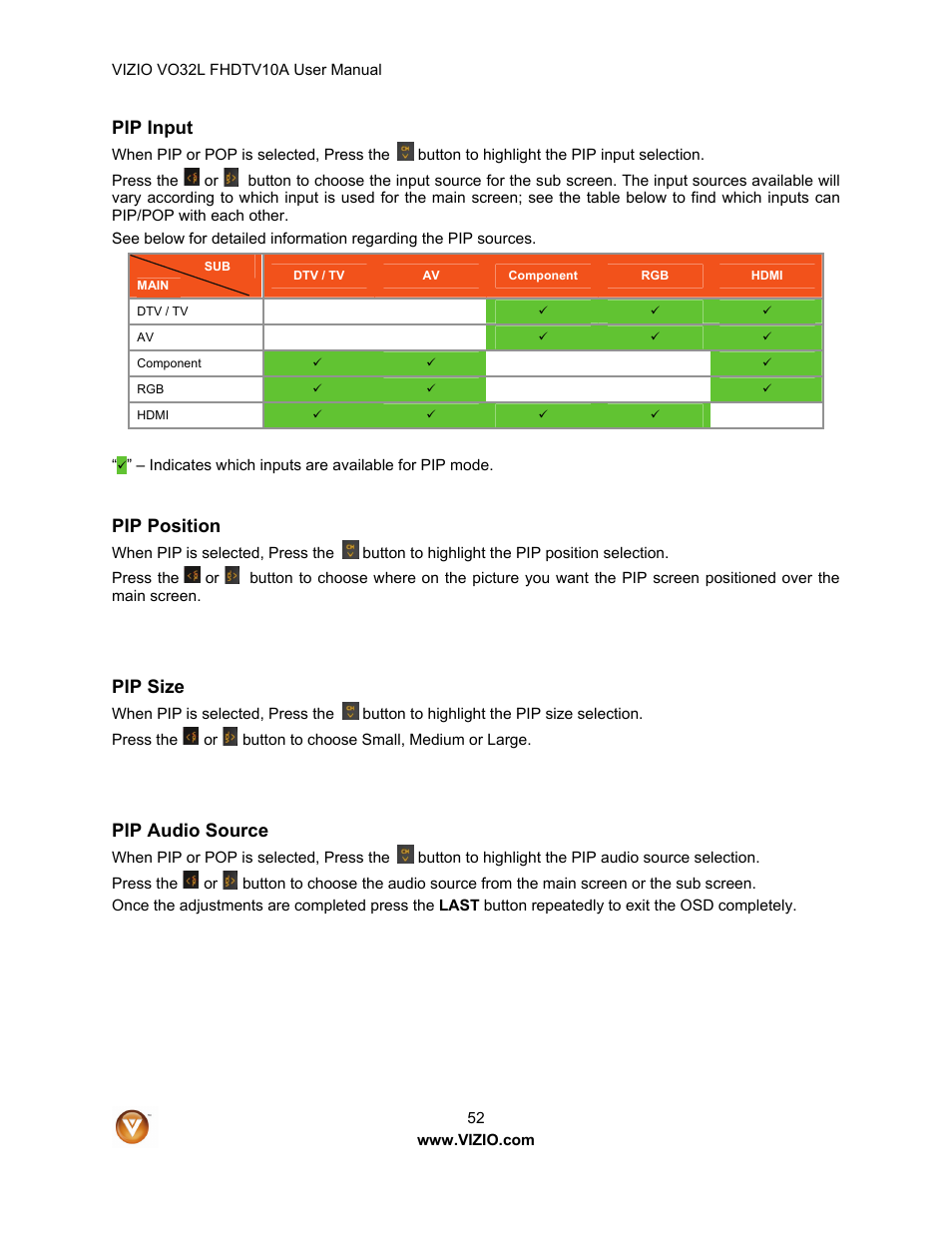 Pip input, Pip position, Pip size | Pip audio source | weber VO32L User Manual | Page 52 / 82