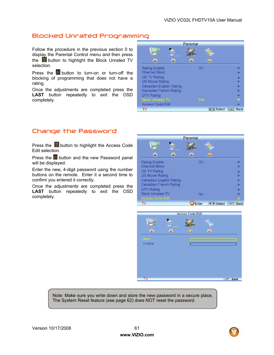 Blocked unrated programming, Change the password | weber VO32L User Manual | Page 61 / 82