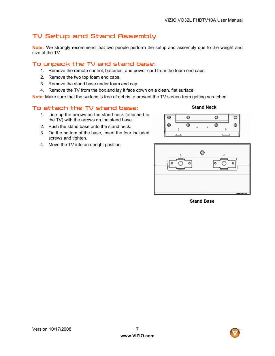Tv setup and stand assembly | weber VO32L User Manual | Page 7 / 82