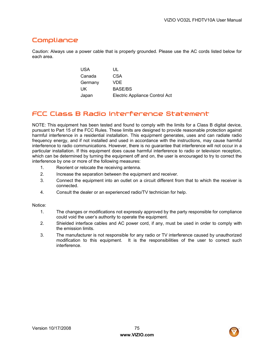 Compliance, Fcc class b radio interference statement | weber VO32L User Manual | Page 75 / 82