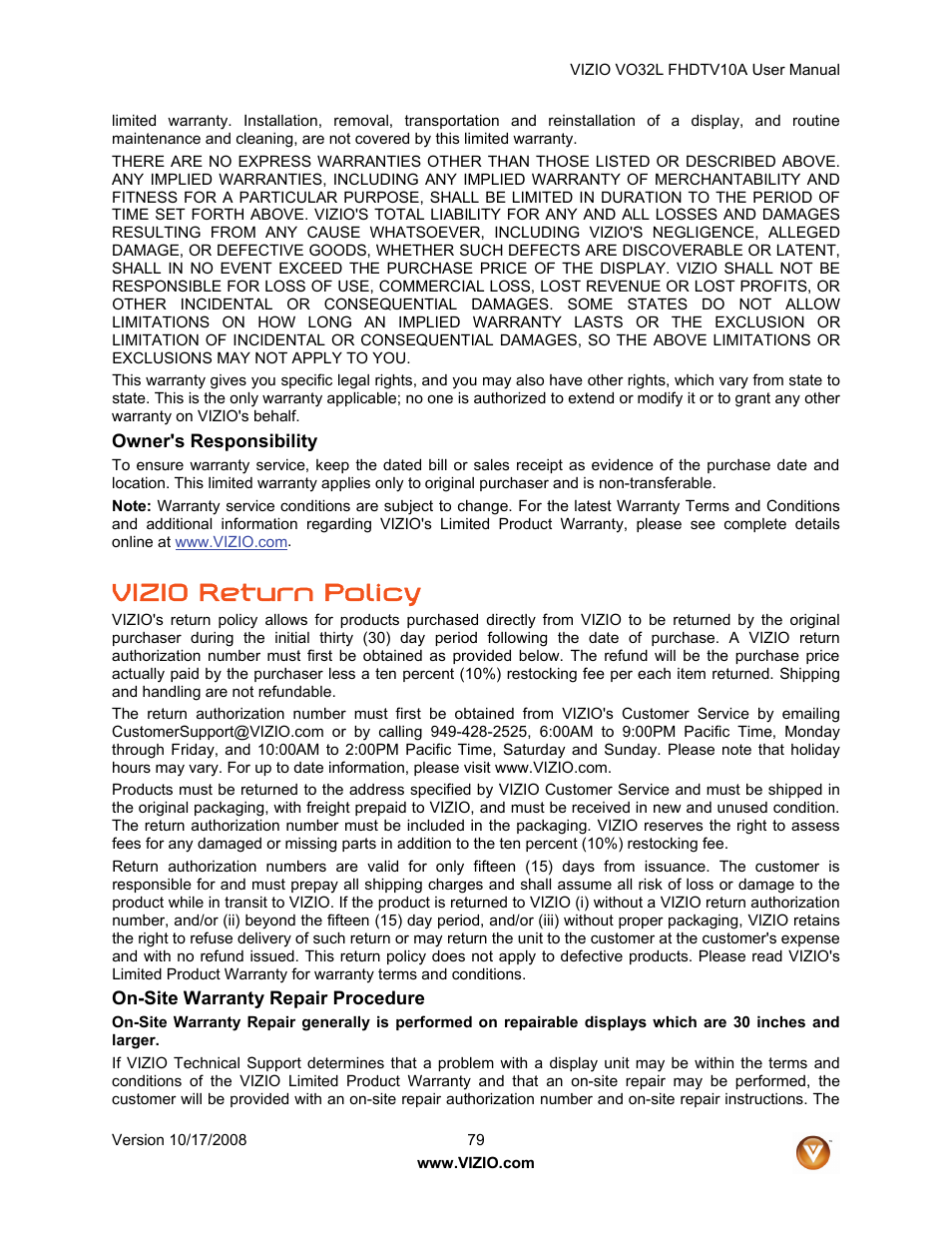 Vizio return policy | weber VO32L User Manual | Page 79 / 82