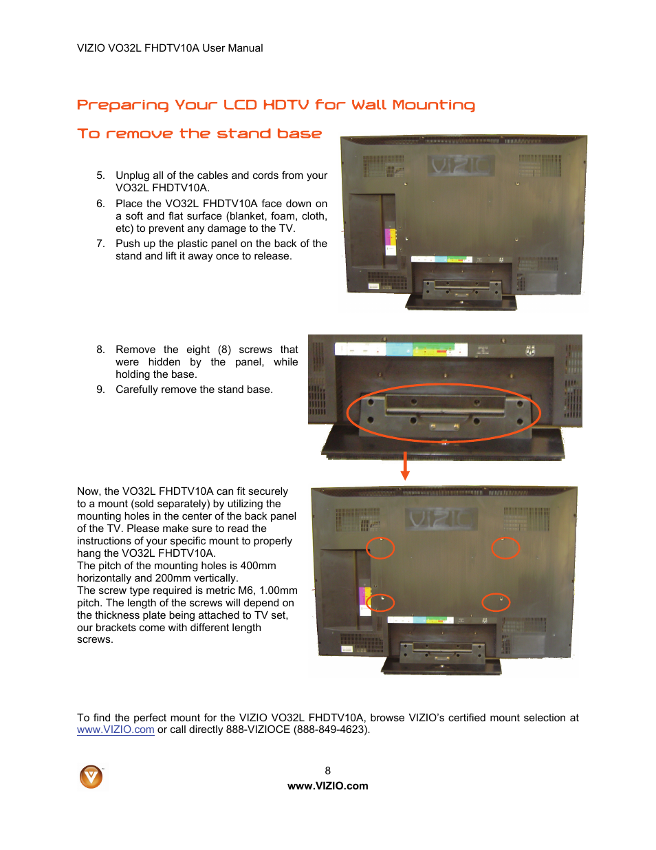 Preparing your lcd hdtv for wall mounting | weber VO32L User Manual | Page 8 / 82