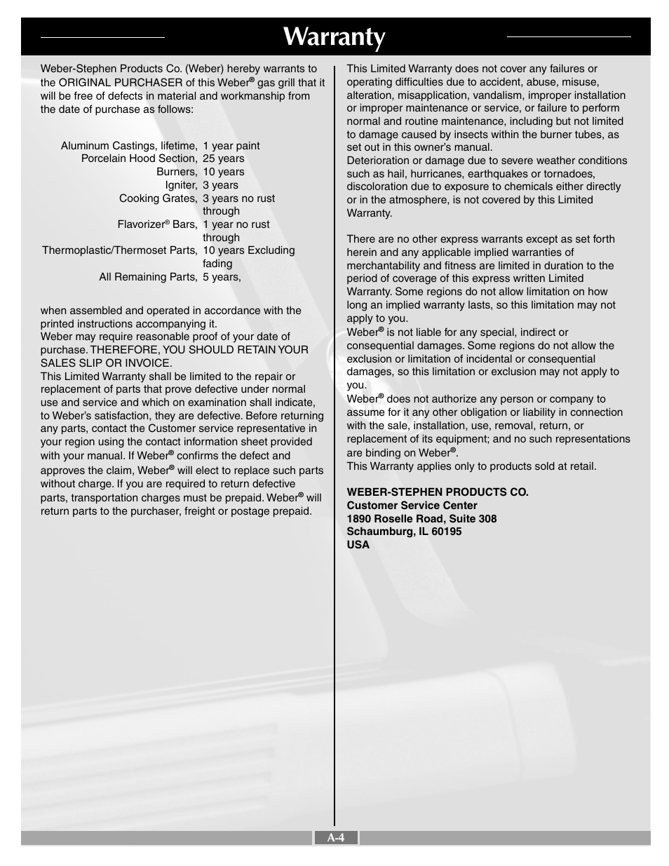 Warranty | weber Genesis Silver C 55265 User Manual | Page 4 / 30