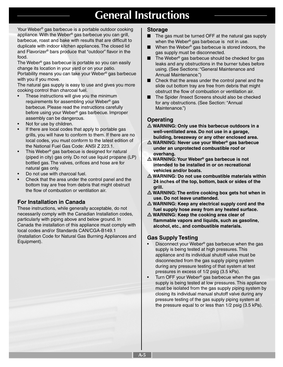 General instructions, For installation in canada, Storage | Operating, Gas supply testing | weber Genesis Silver C 55265 User Manual | Page 5 / 30
