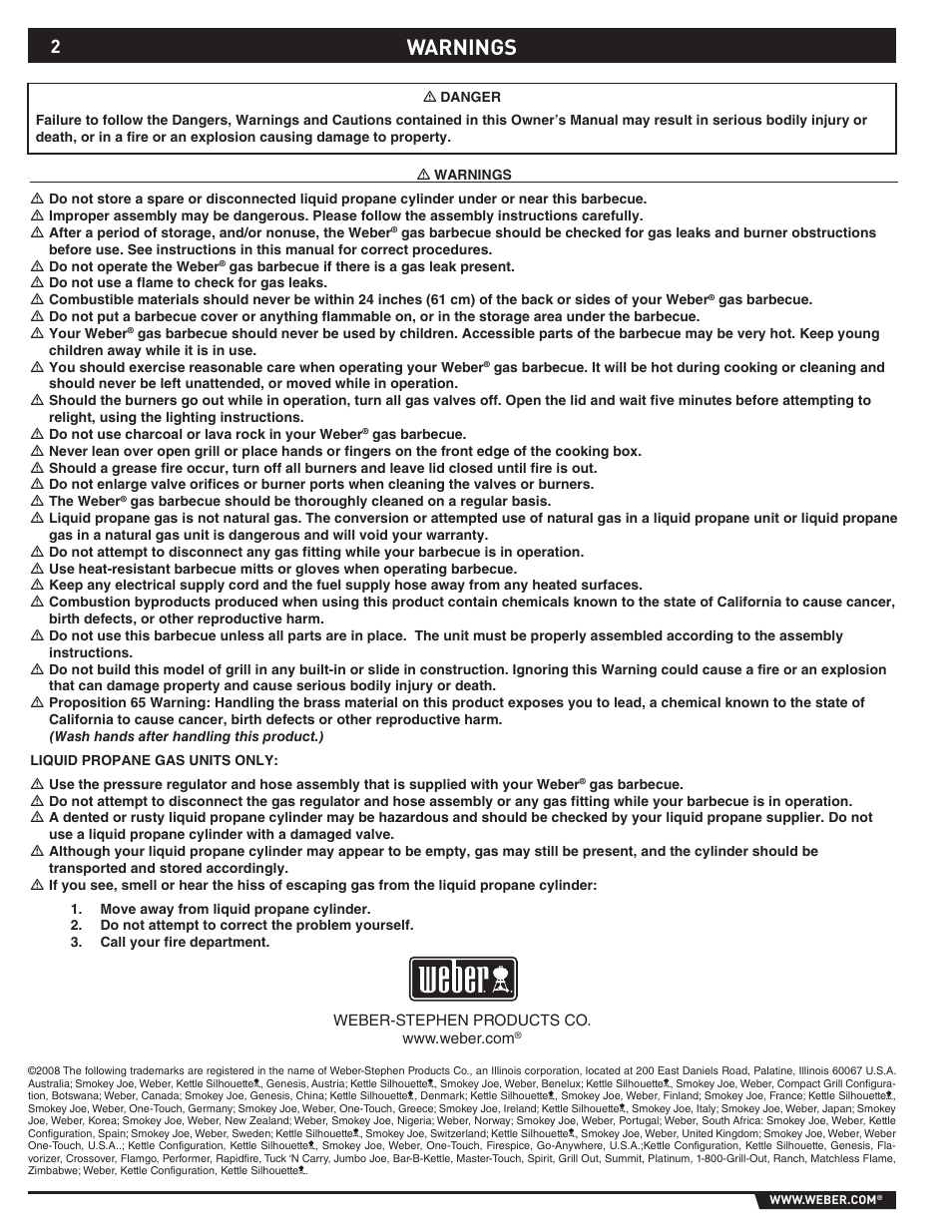Dangers and warnings, Warnings | weber 89373 User Manual | Page 2 / 92