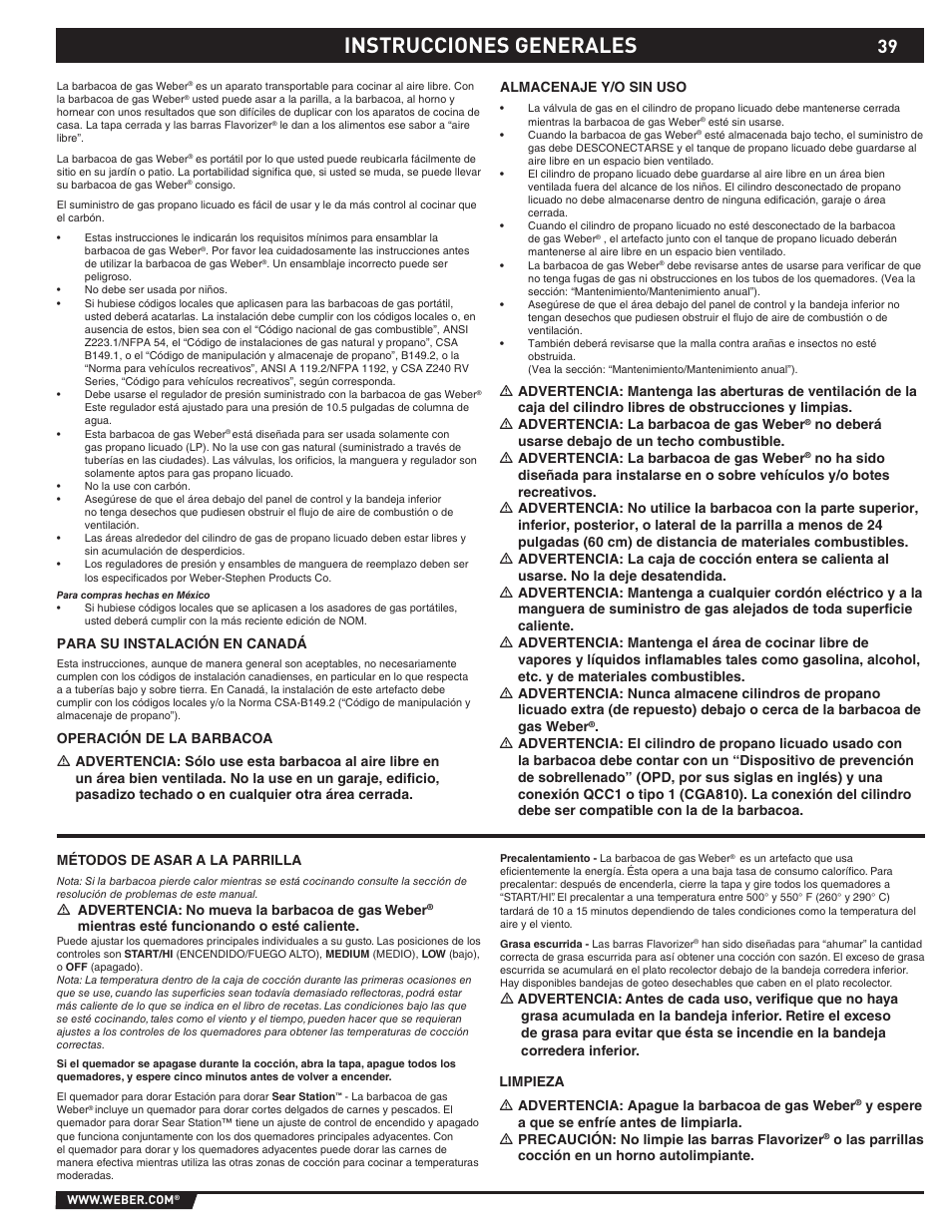 Instrucciones generales | weber 89373 User Manual | Page 39 / 92