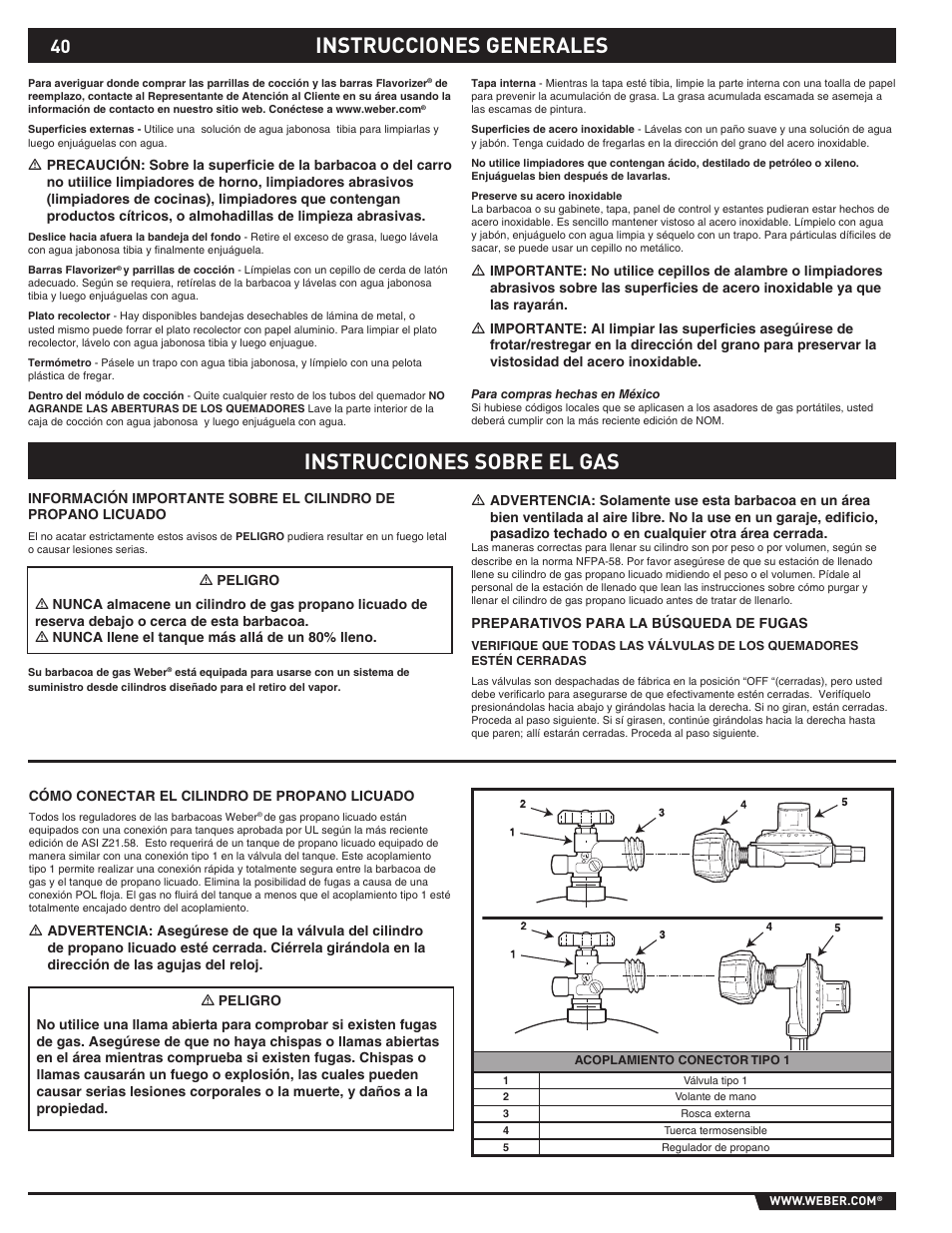 General instructions, Instrucciones generales instrucciones sobre el gas | weber 89373 User Manual | Page 40 / 92