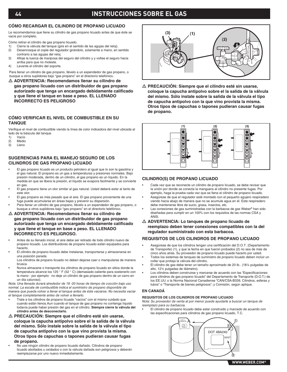 Gas instructions, Instrucciones sobre el gas | weber 89373 User Manual | Page 44 / 92